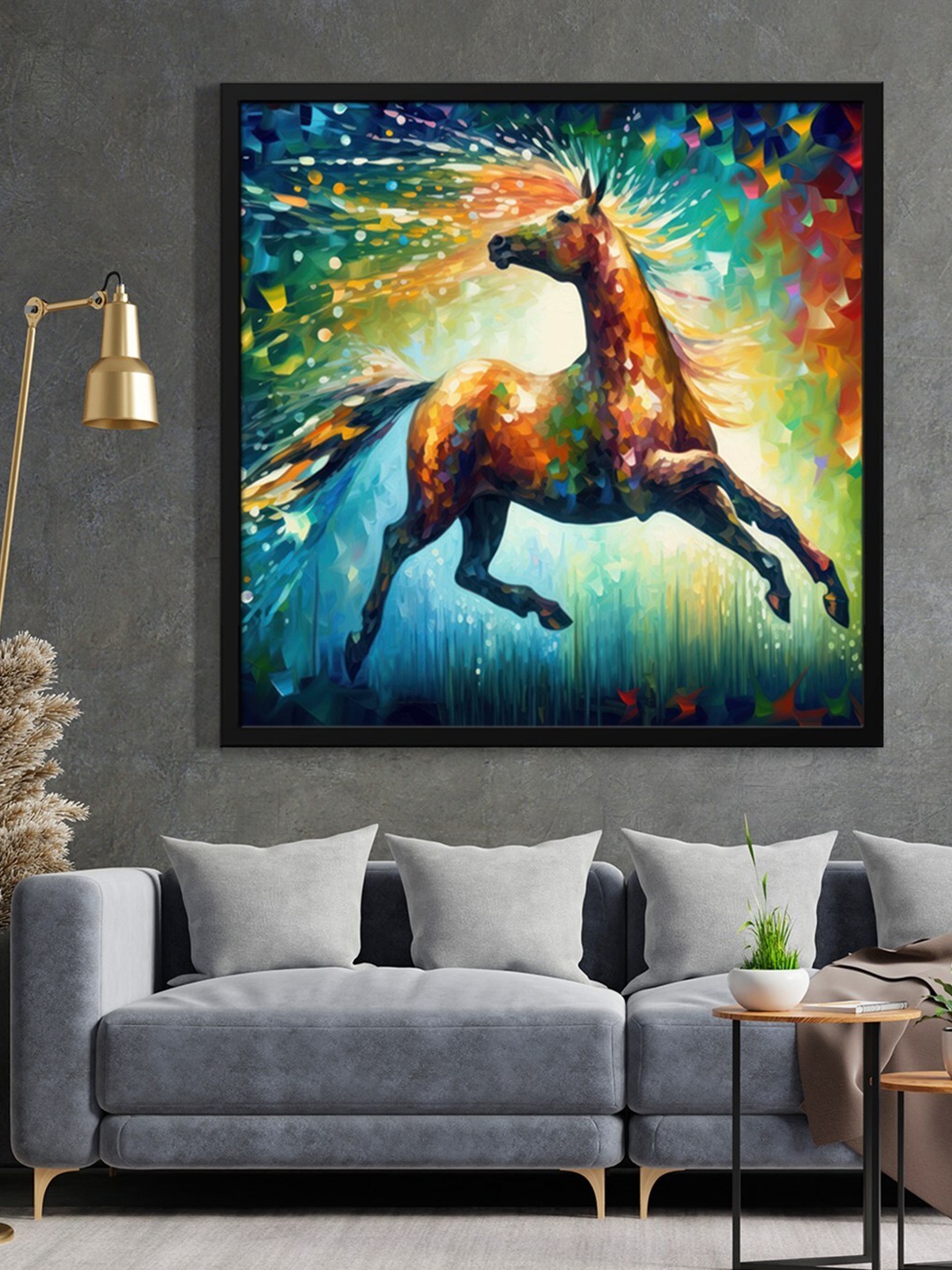 

999Store Green & Brown Horse With Abstract Effect Printed Framed Wall Art