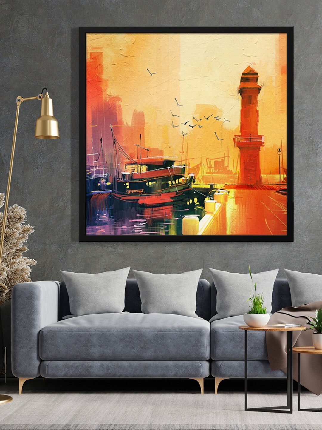 

999Store Orange-Color Ship And Light House Printed Framed Wall Art