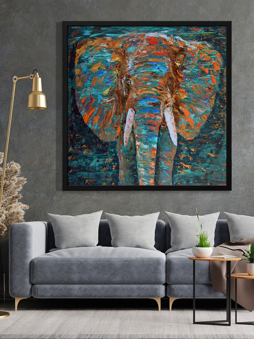 

999Store Blue & Orange-Color Elephant Printed Framed Wall Art