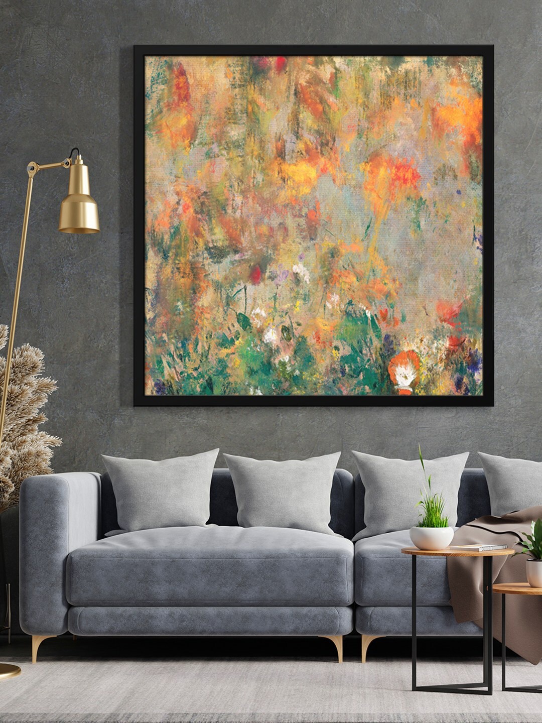 

999Store Grey & Orange-Color Abstract Printed Framed Wall Art