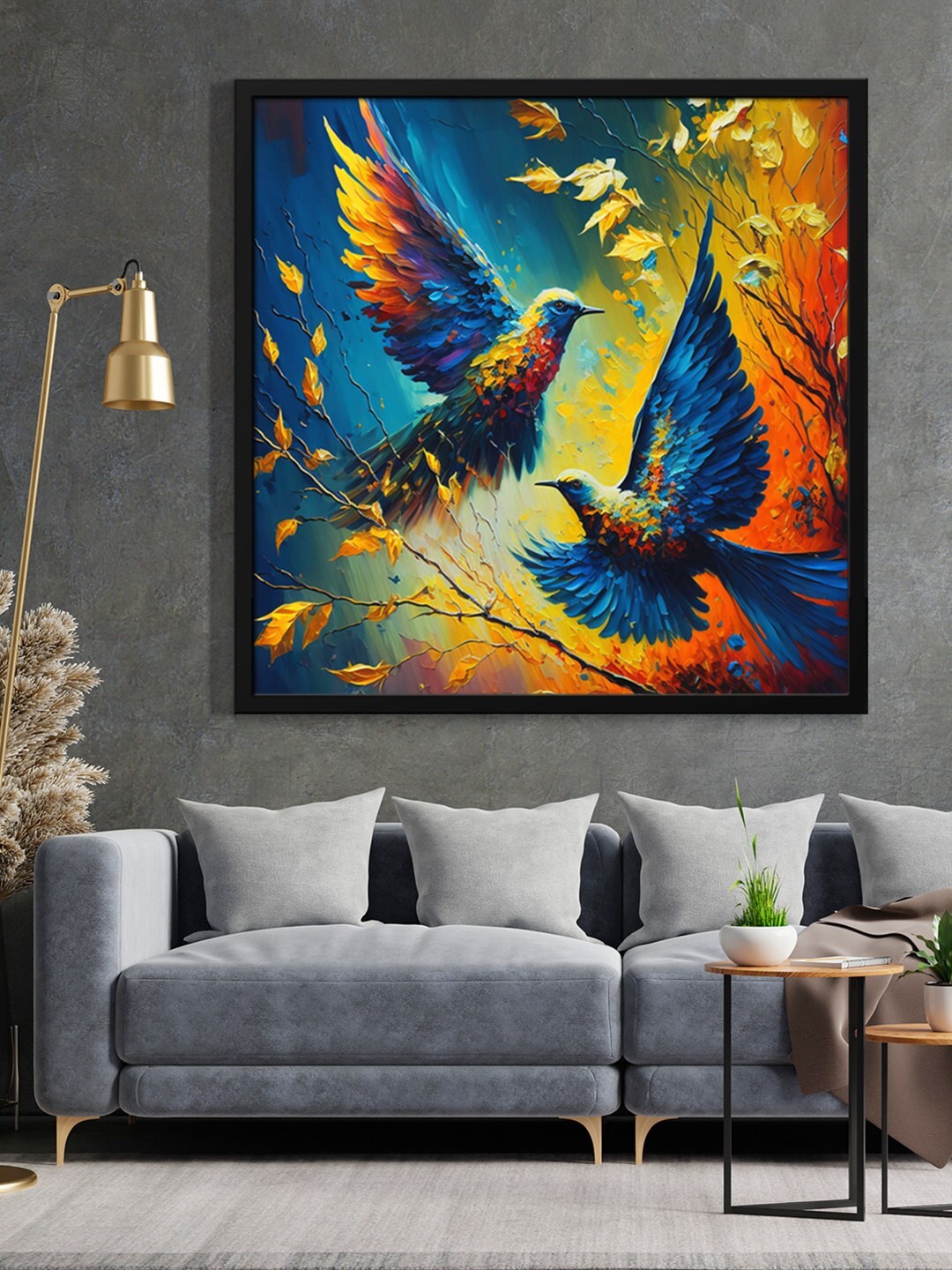 

999Store Blue & Orange-Color Flying Bird With Leaf Printed Framed Wall Art