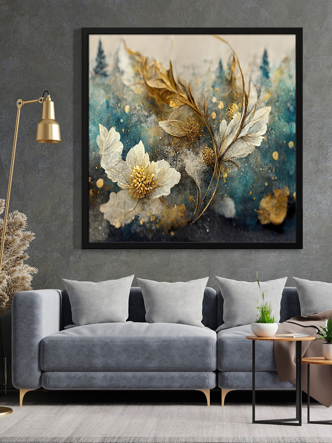 

999Store Teal-Blue & Grey Flower With Leaf Printed Framed Wall Art