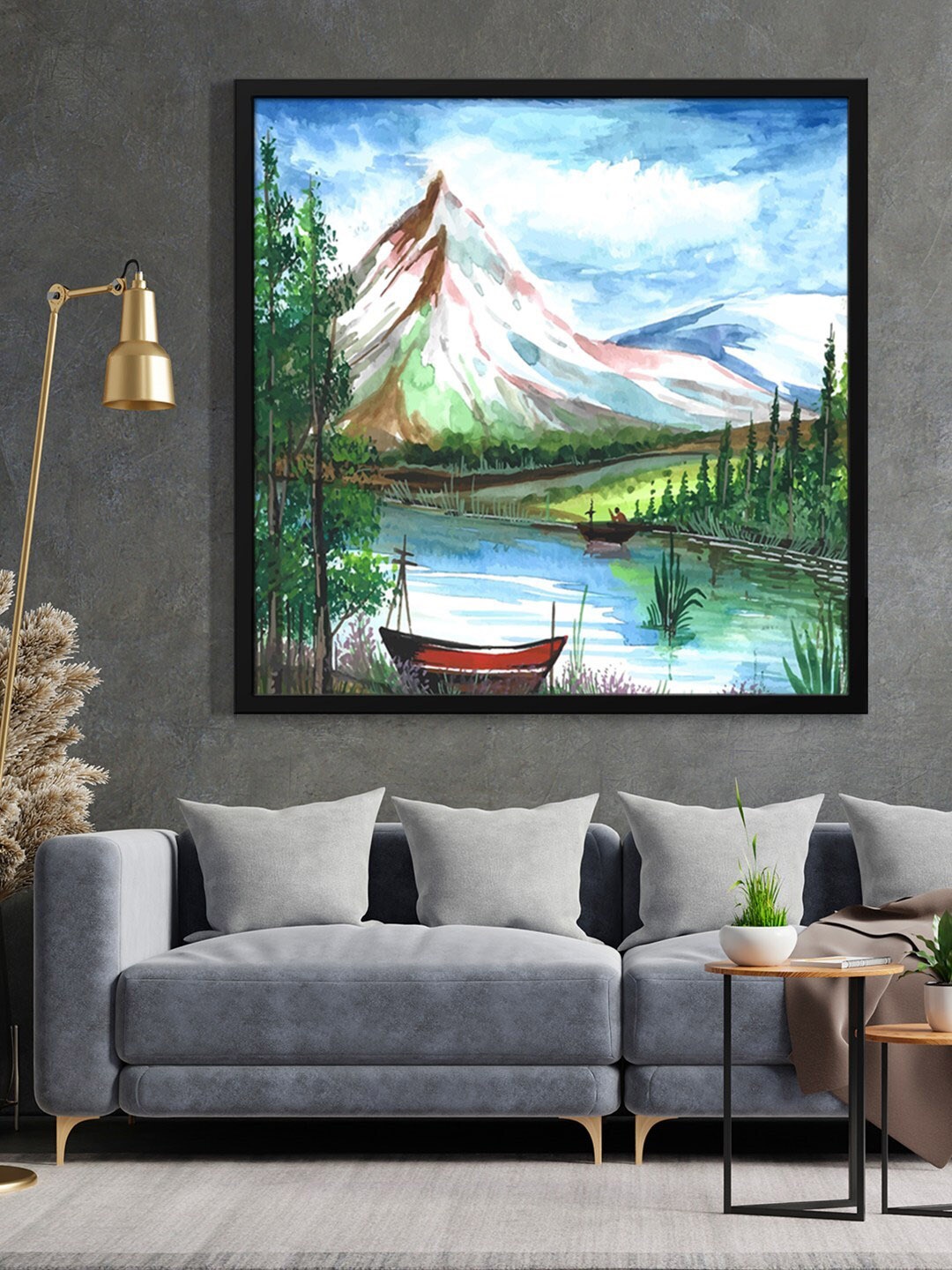 

999Store Green & Blue Mountain With River Painting Framed Wall Art