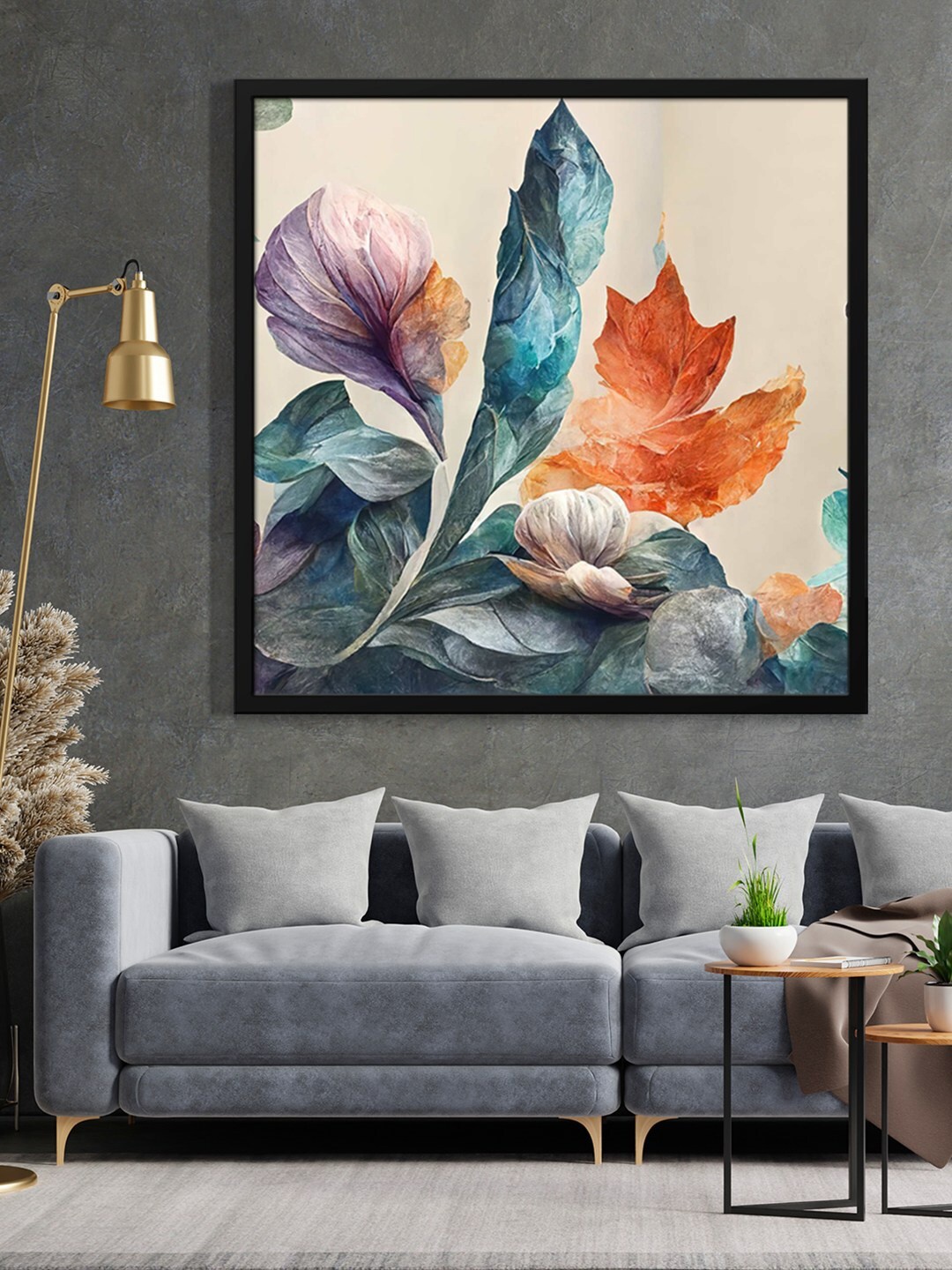 

999Store Black & Green Leaf With Flower Painting Framed Wall Art, Beige