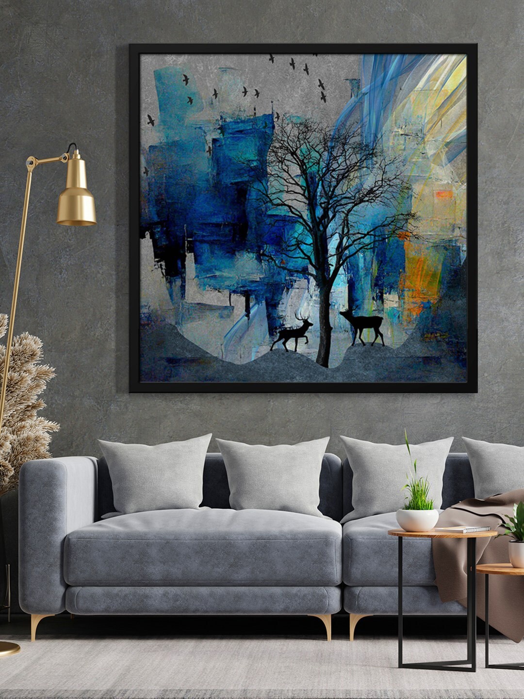 

999Store Black & Blue Tree With Flying Birds Painting Framed Wall Art