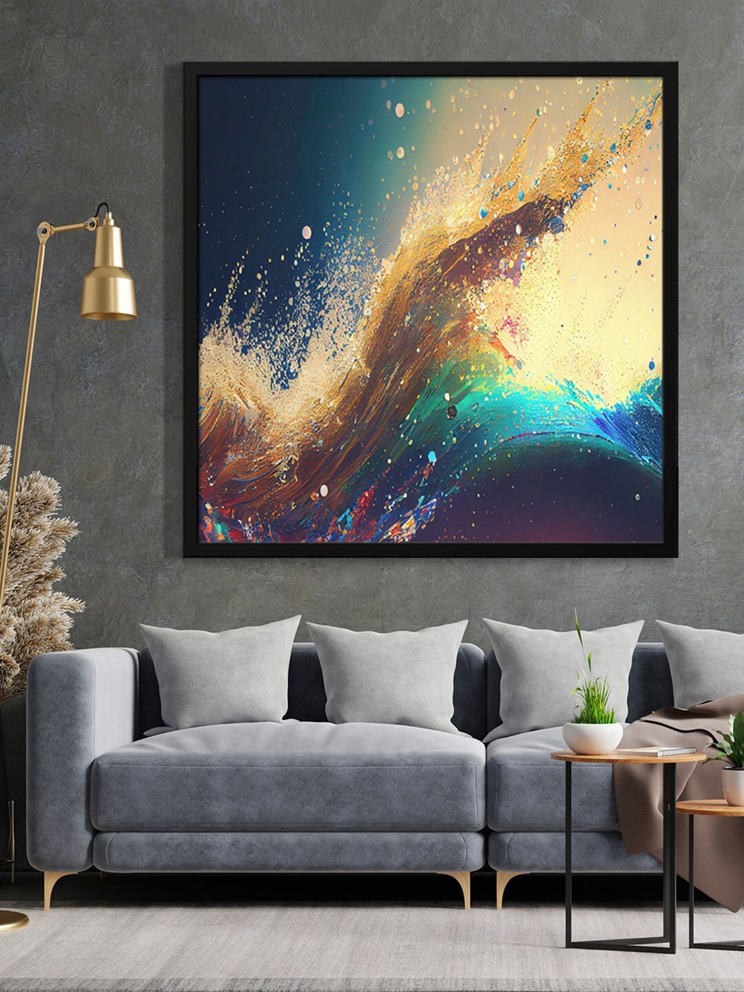 

999Store Beige & Blue Abstract Modern Painting Framed Wall Art, Black