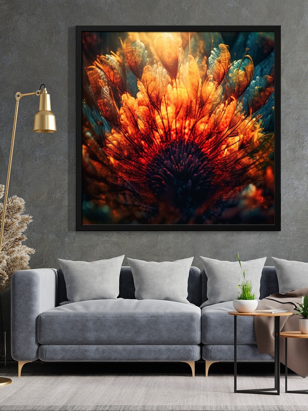 

999Store Black & Orange Coloured Flower With Sun Painted Framed Wall Art