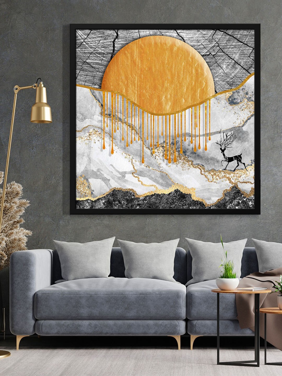 

999Store Grey & Orange Coloured Half Round Painted Framed Wall Art