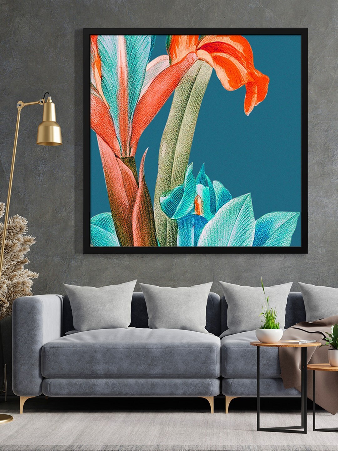 

999Store Teal Blue & Red Color Leaf Painted Framed Wall Art