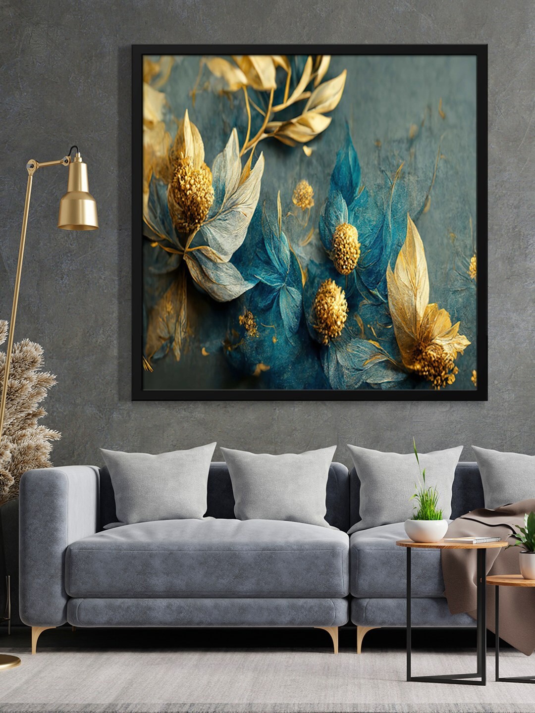 

999Store Beige & Teal Blue Flower With Leaf Painted Framed Wall Art