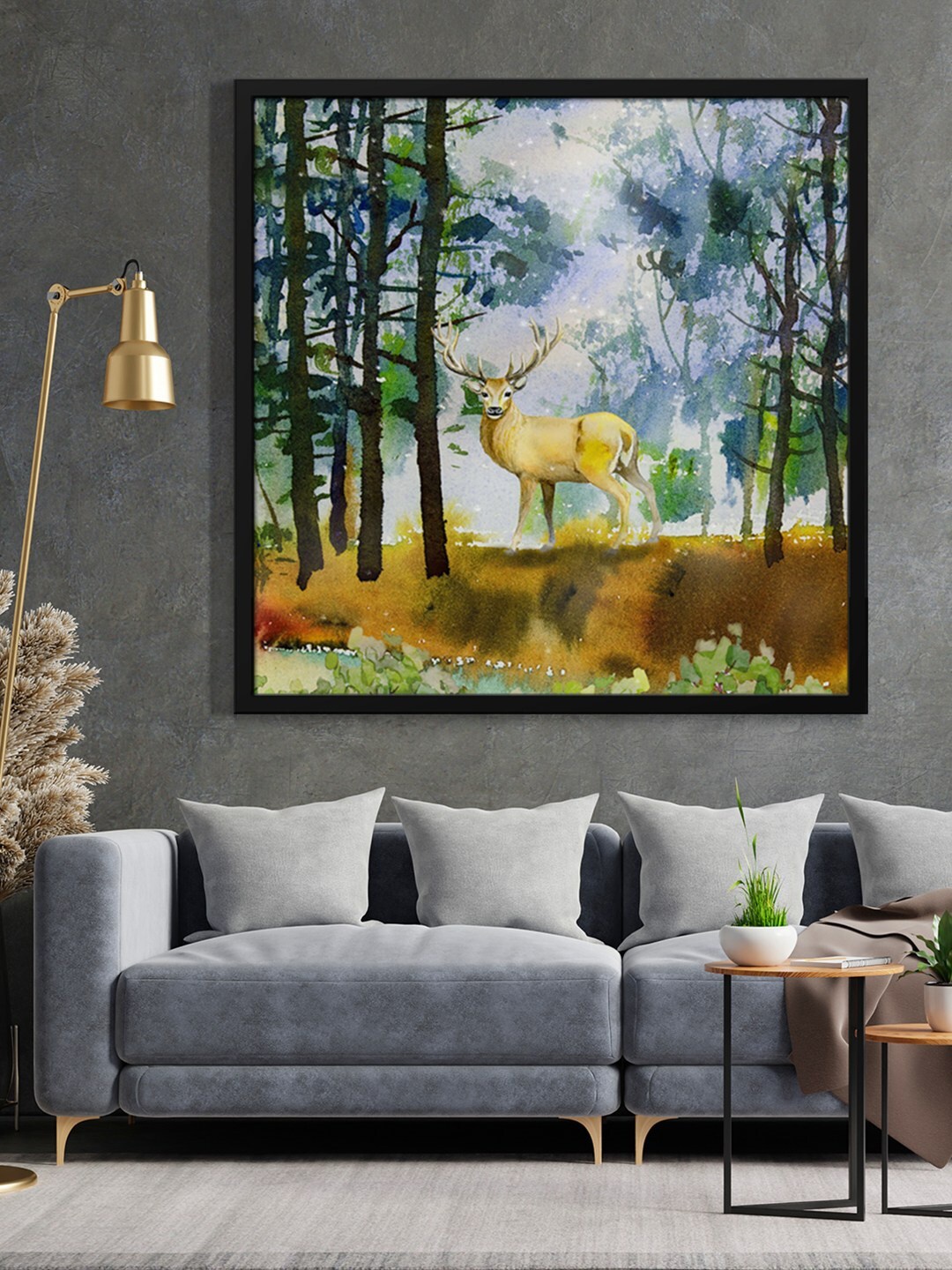 

999Store Blue & Brown Tree With Deer Painted Framed Wall Art