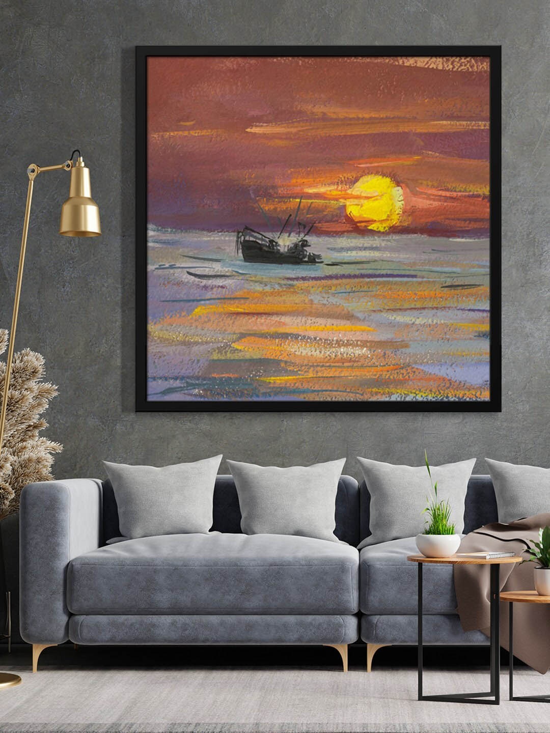 

999Store Brown & Grey Sun River And Boat Painted Framed Wall Art