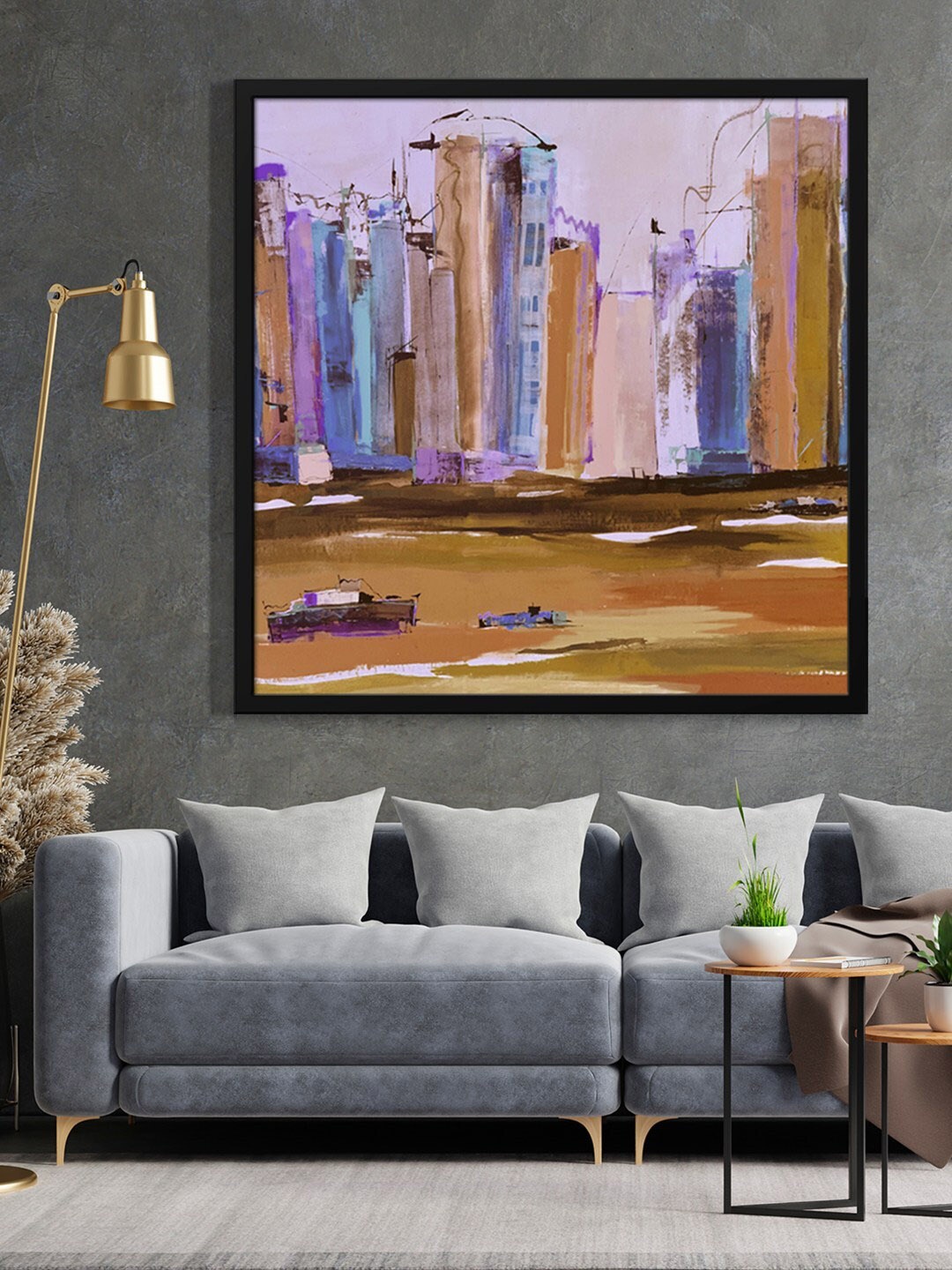 

999Store Blue & Brown Abstract City View With Car Painted Framed Wall Art