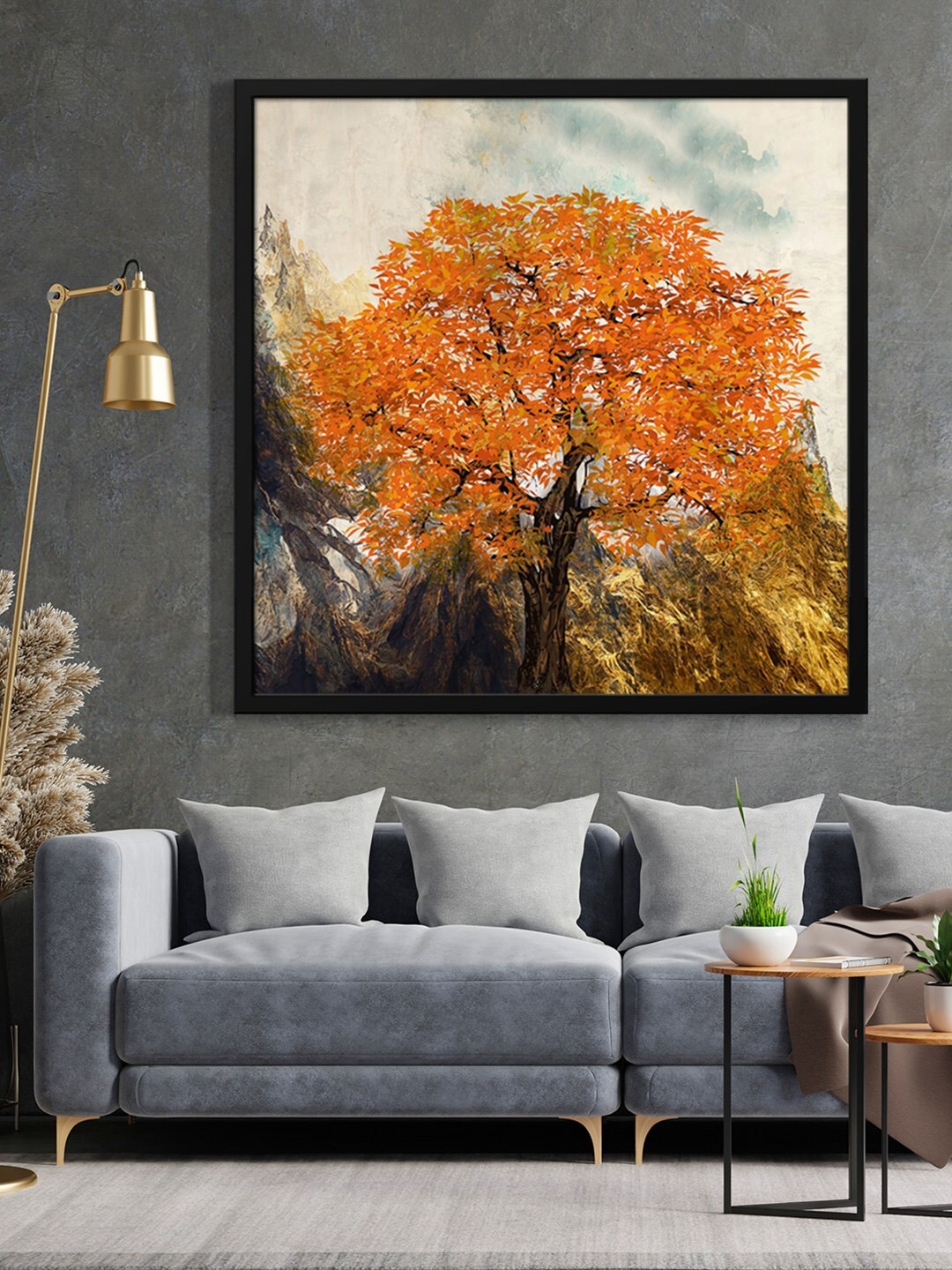 

999Store Orange Coloured & White Leaves Painted Framed Wall Art