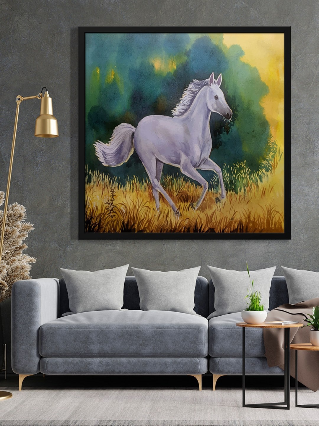 

999Store Grey & Green Running Horse Painted Framed Wall Art