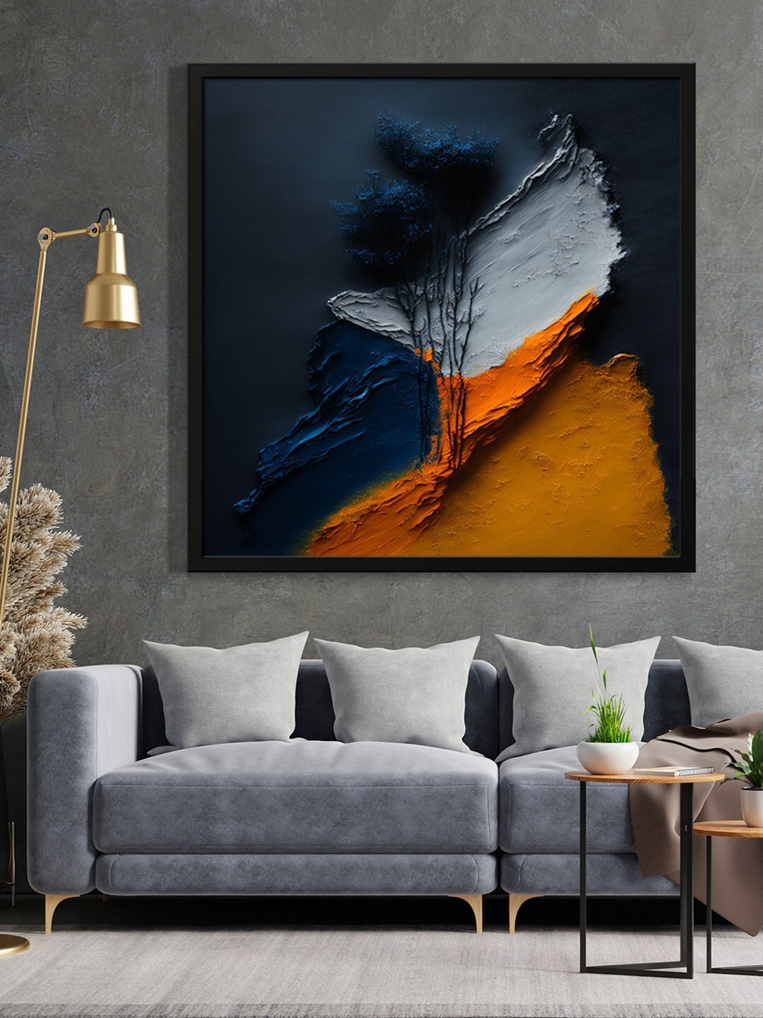 

999Store Blue & Yellow Abstract With Tree Painted Framed Wall Art