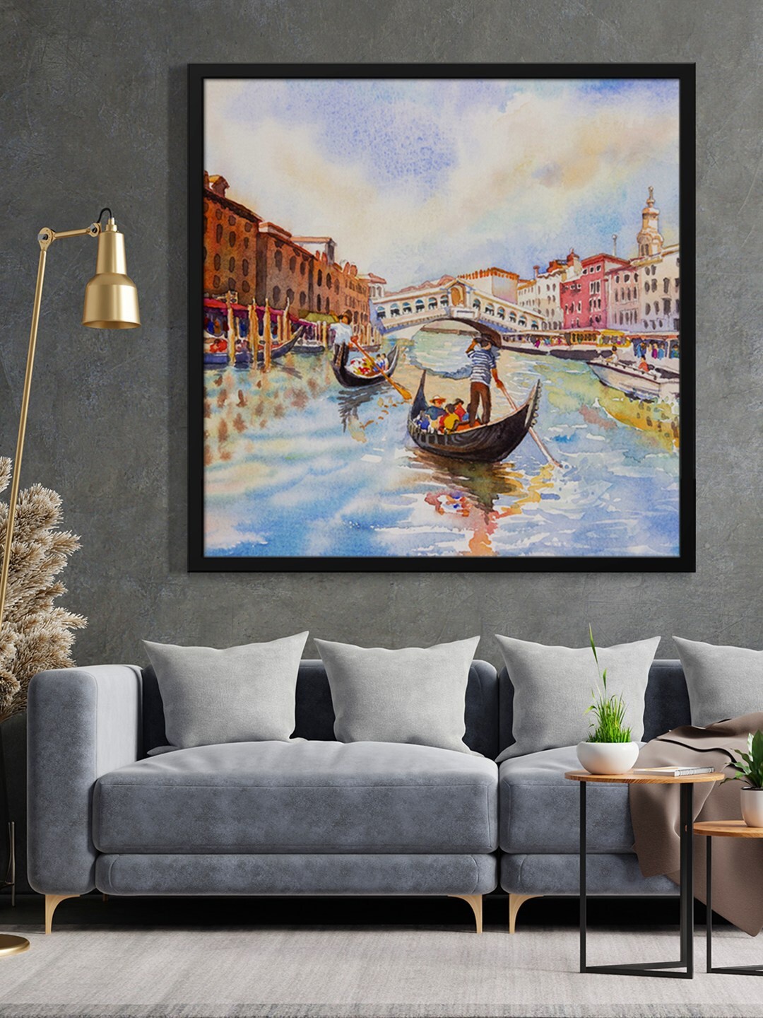 

999Store Black & Blue City View With Men Painted Framed Wall Art