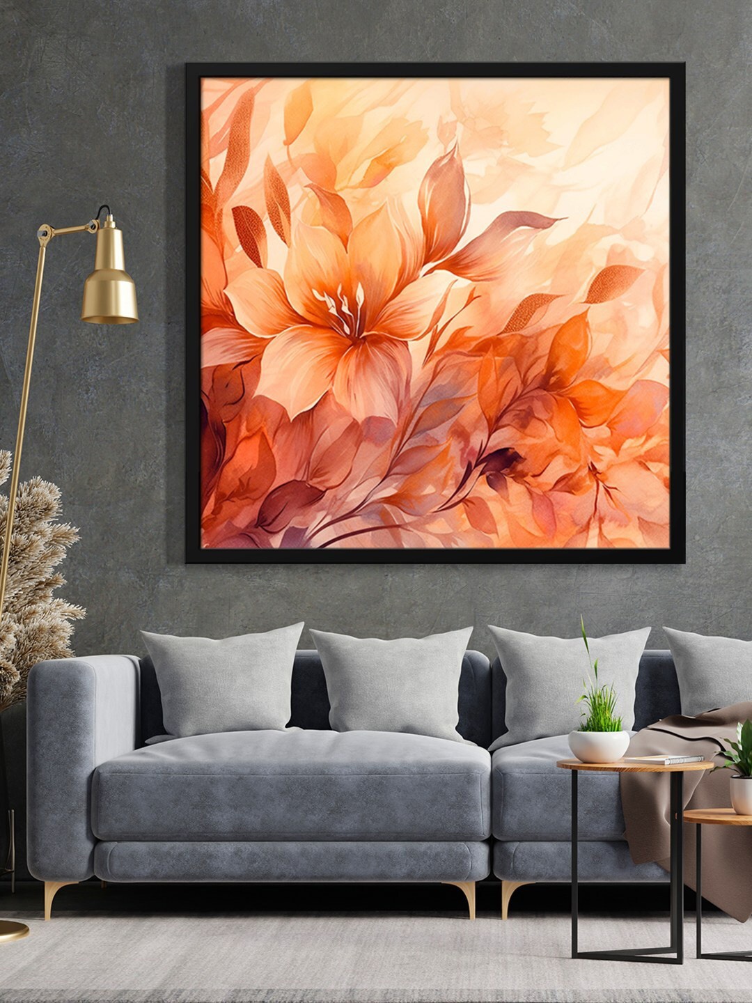 

999Store Black & Brown Flower With Sun Effect Painted Framed Wall Art