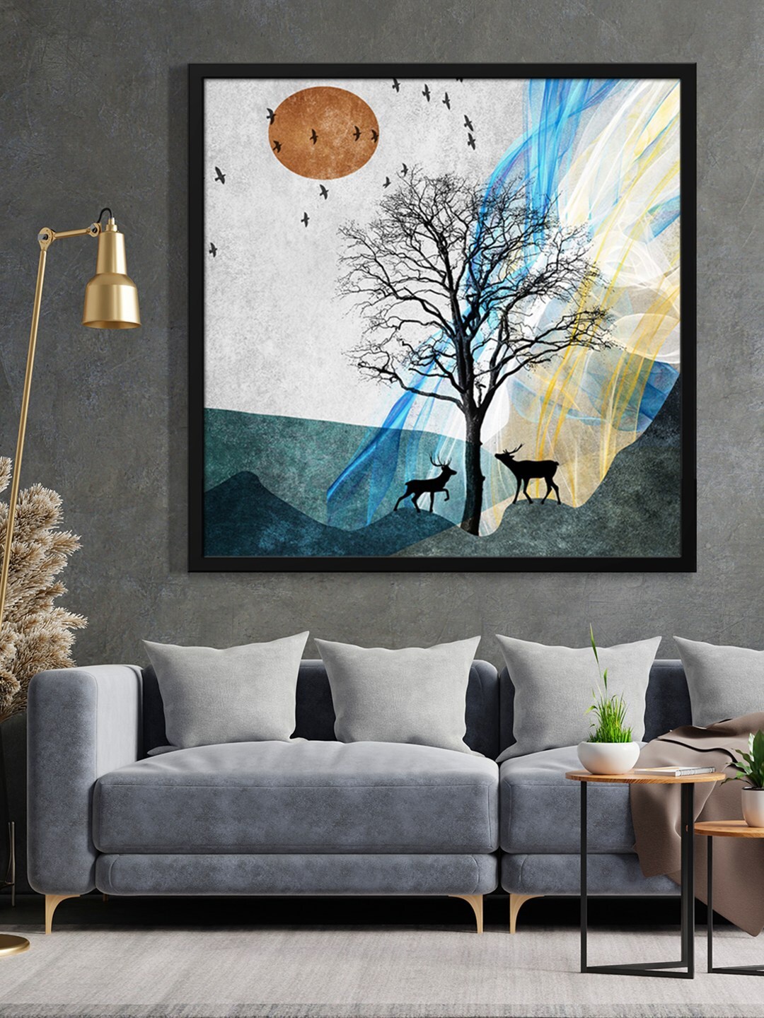 

999Store Grey Tree And Sun Deer Painted Framed Wall Art