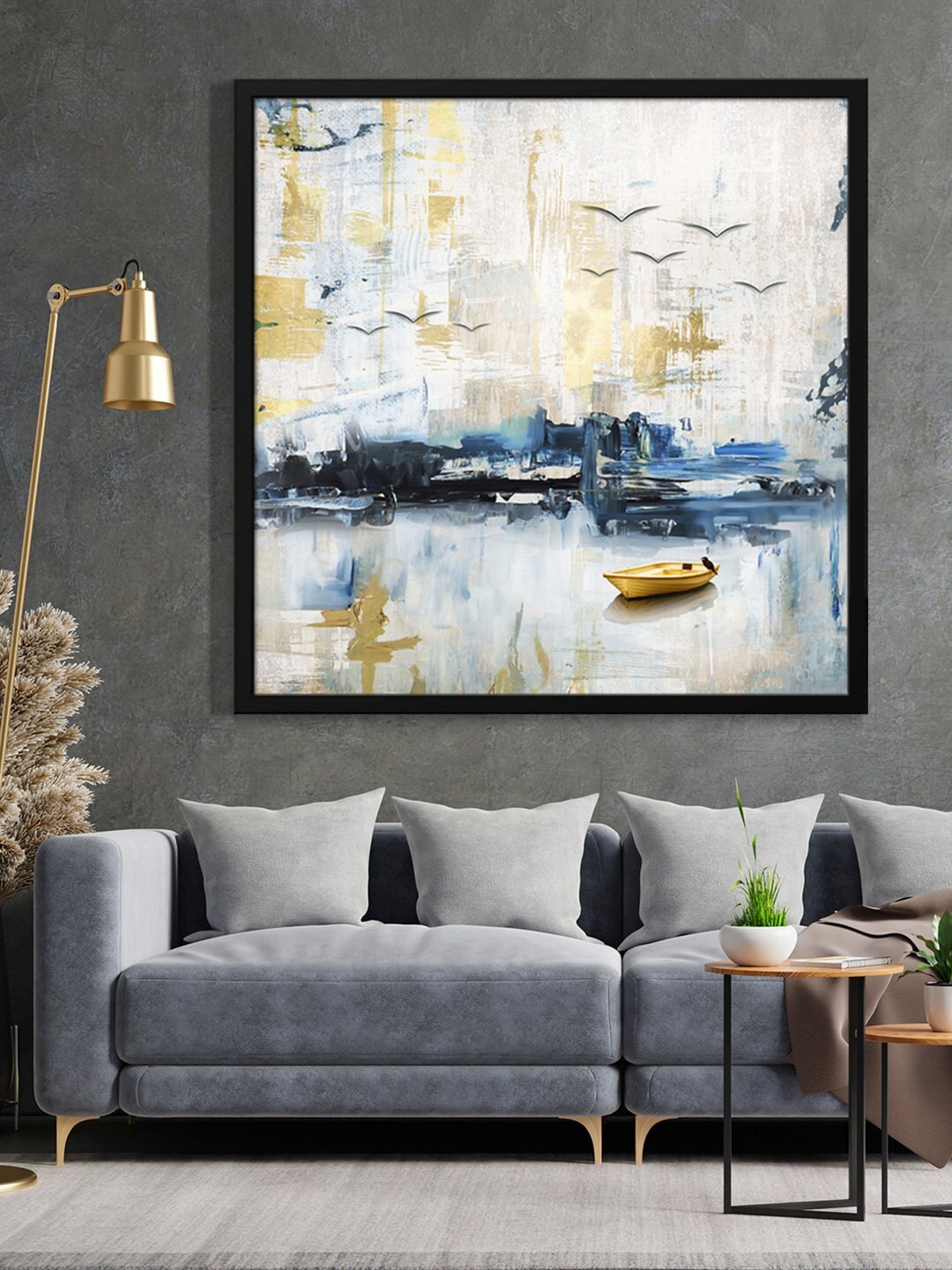 

999Store Grey & Yellow Boat & Flying Birds Painted Framed Wall Art