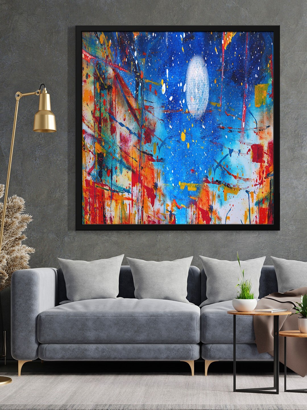 

999Store Blue & Red Abstract With Moon Painted Framed Wall Art