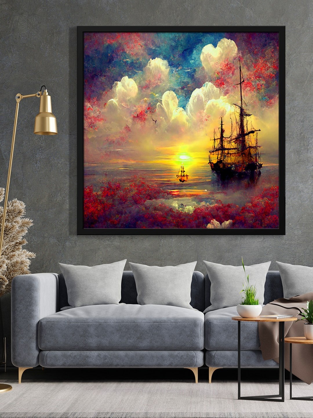 

999Store Brown & Yellow Sunset With Boat & Ship Painted Framed Wall Art