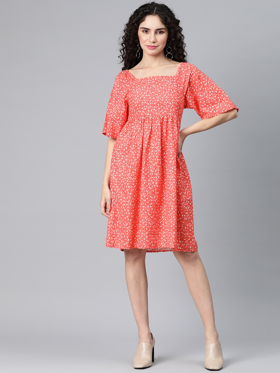 

VARUSHKA Floral Print Flared Sleeves Smocked Pure Cotton Fit & Flare Dress, Red