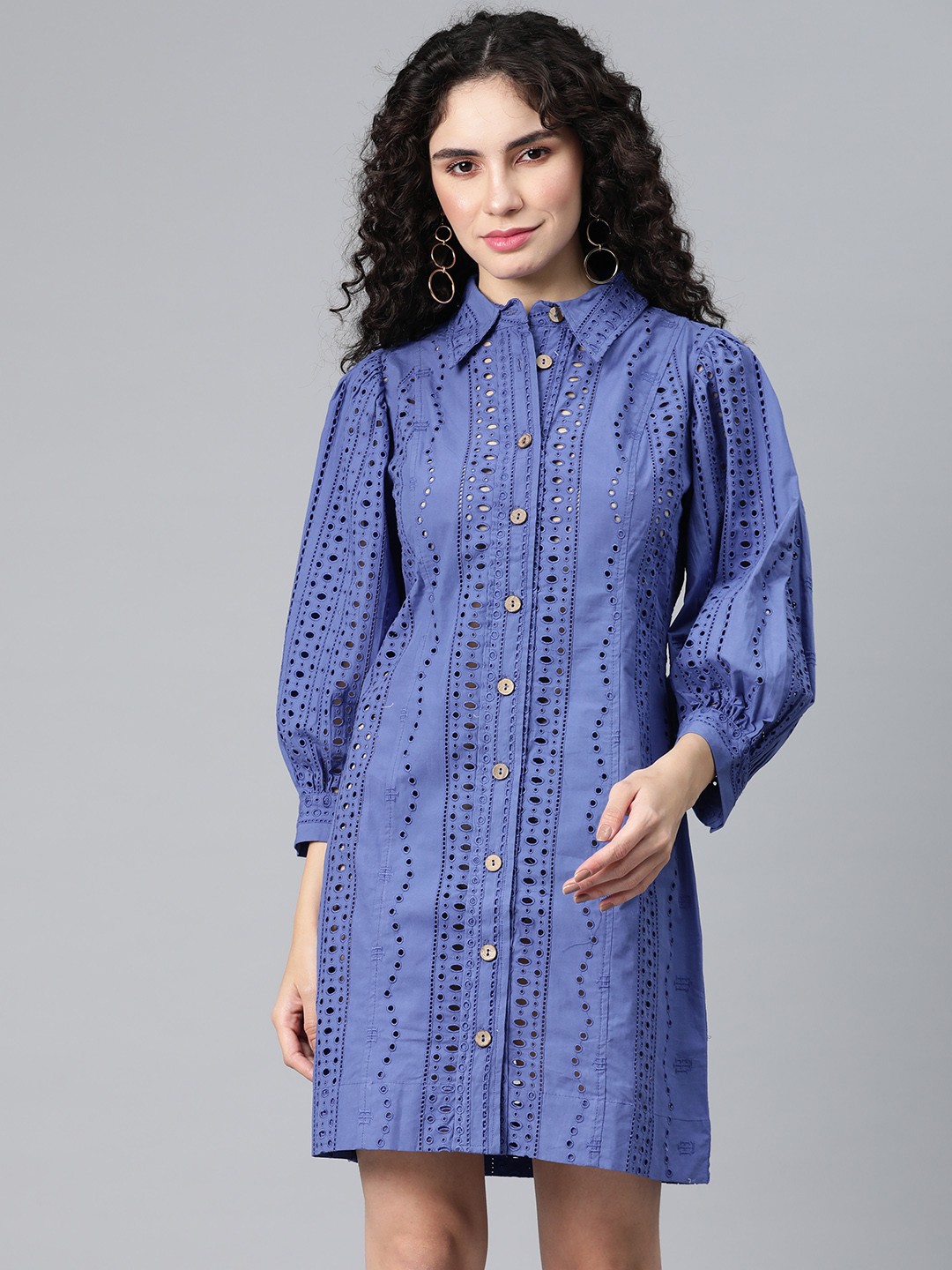 

VARUSHKA Puff Sleeves Schiffli Pure Cotton Shirt Dress, Blue