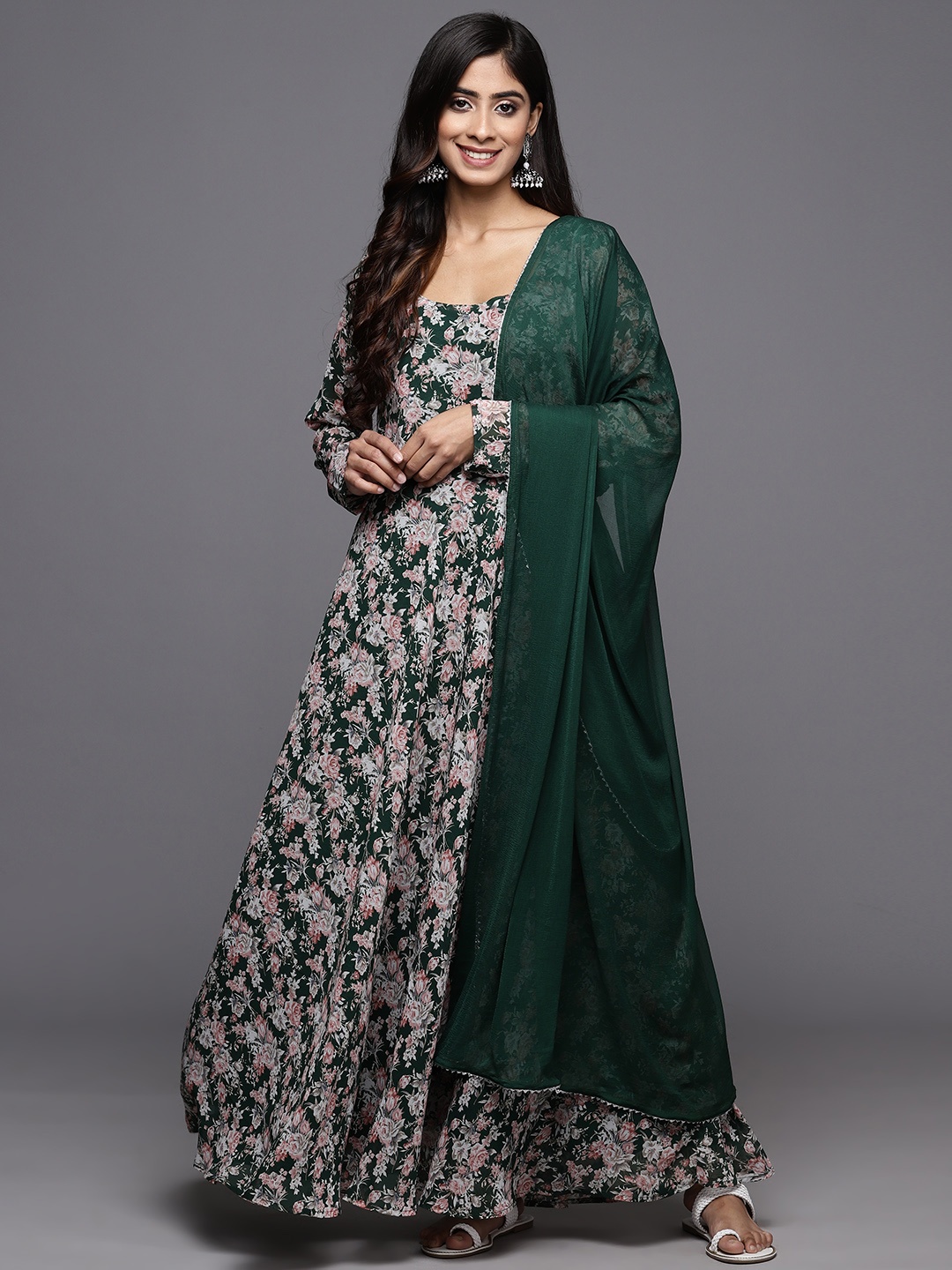 

Varanga Women Floral Printed Georgette Anarkali Kurta with Dupatta, Green
