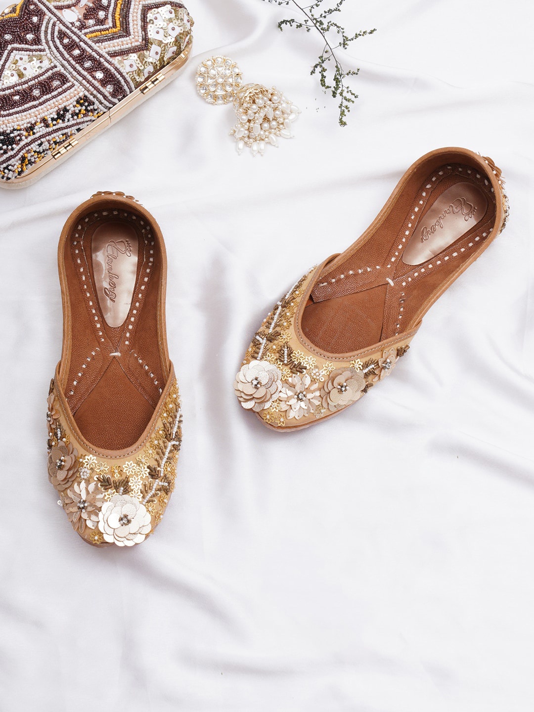 

ELANBERG Women Ethnic Embellished Mojaris, Brown