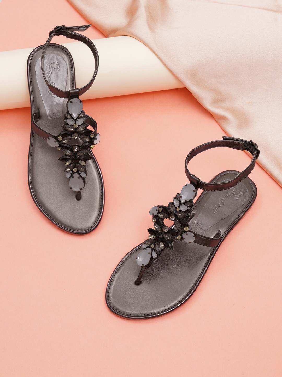 

ELANBERG Women Embellished T-Strap Flats With Ankle Loop, Grey