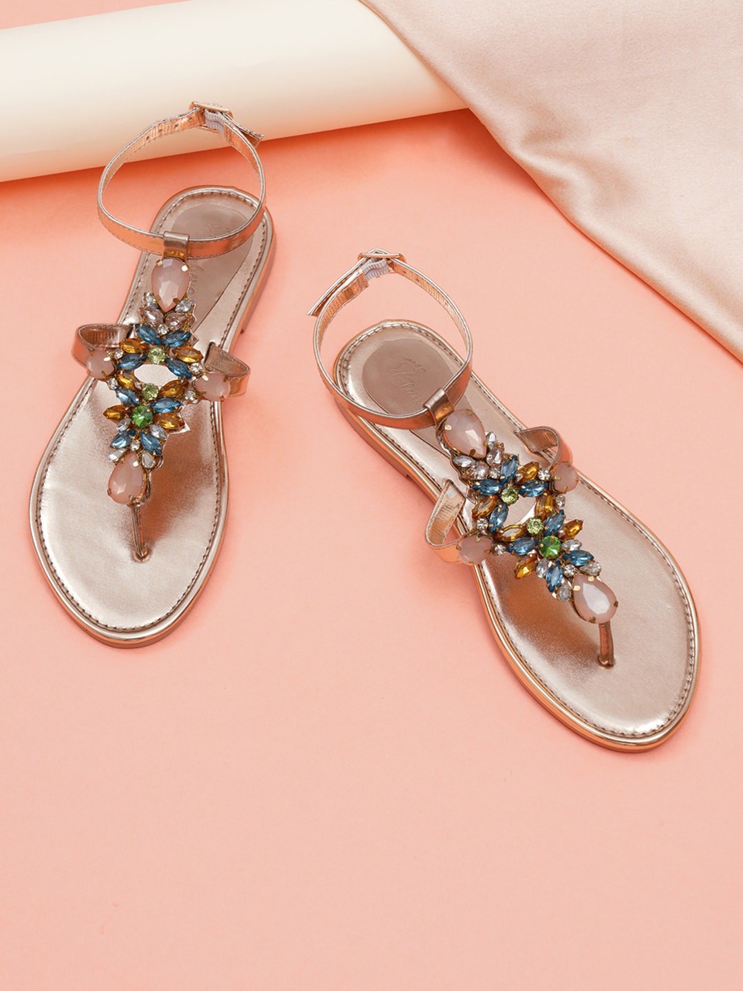 

ELANBERG Embellished T-Strap Flats With Ankle Loop, Gold