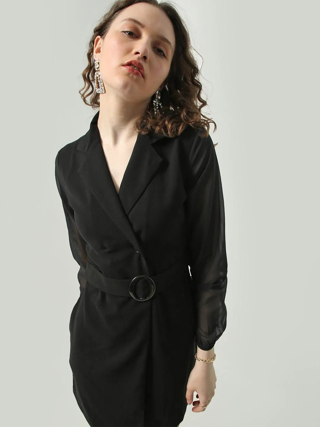 

MYWISHBAG Cuff Sleeves Mini Wrap Blazer Dress, Black