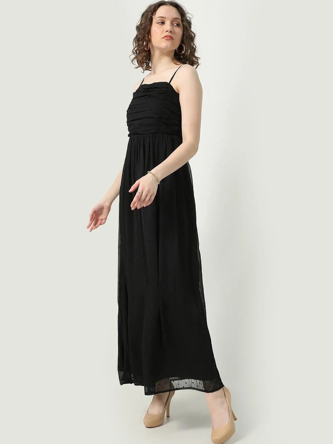 

MYWISHBAG Ruched Shoulder Strapped Maxi Dress, Black