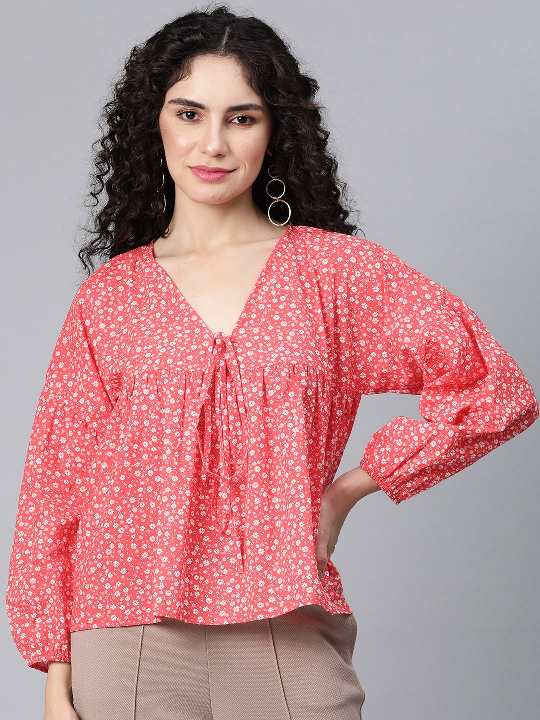 

VARUSHKA Floral Print Puff Sleeves Pure Cotton Empire Top, Red