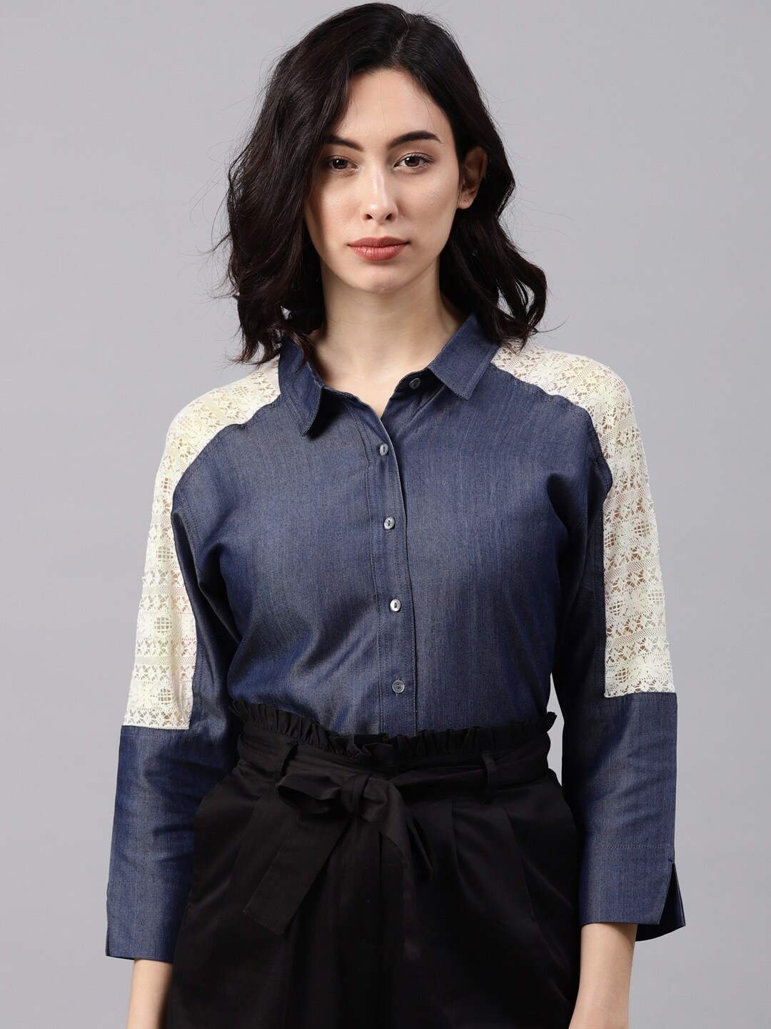 

Mast & Harbour Blue & Off White Colour Raglan Sleeve Lace Up Regular Fit Casual Shirt