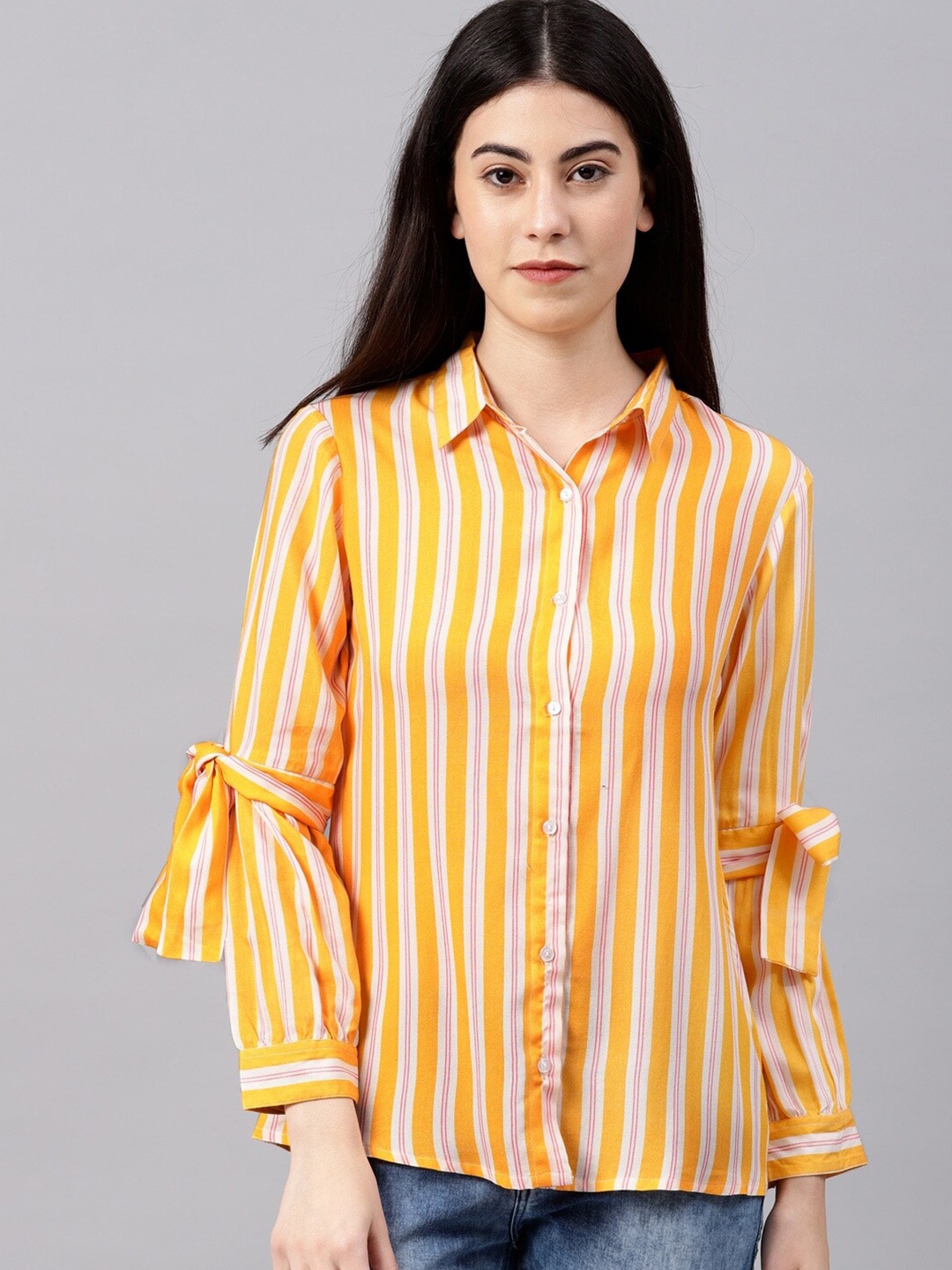 

Mast & Harbour Yellow Vertical Stripes Casual Shirt