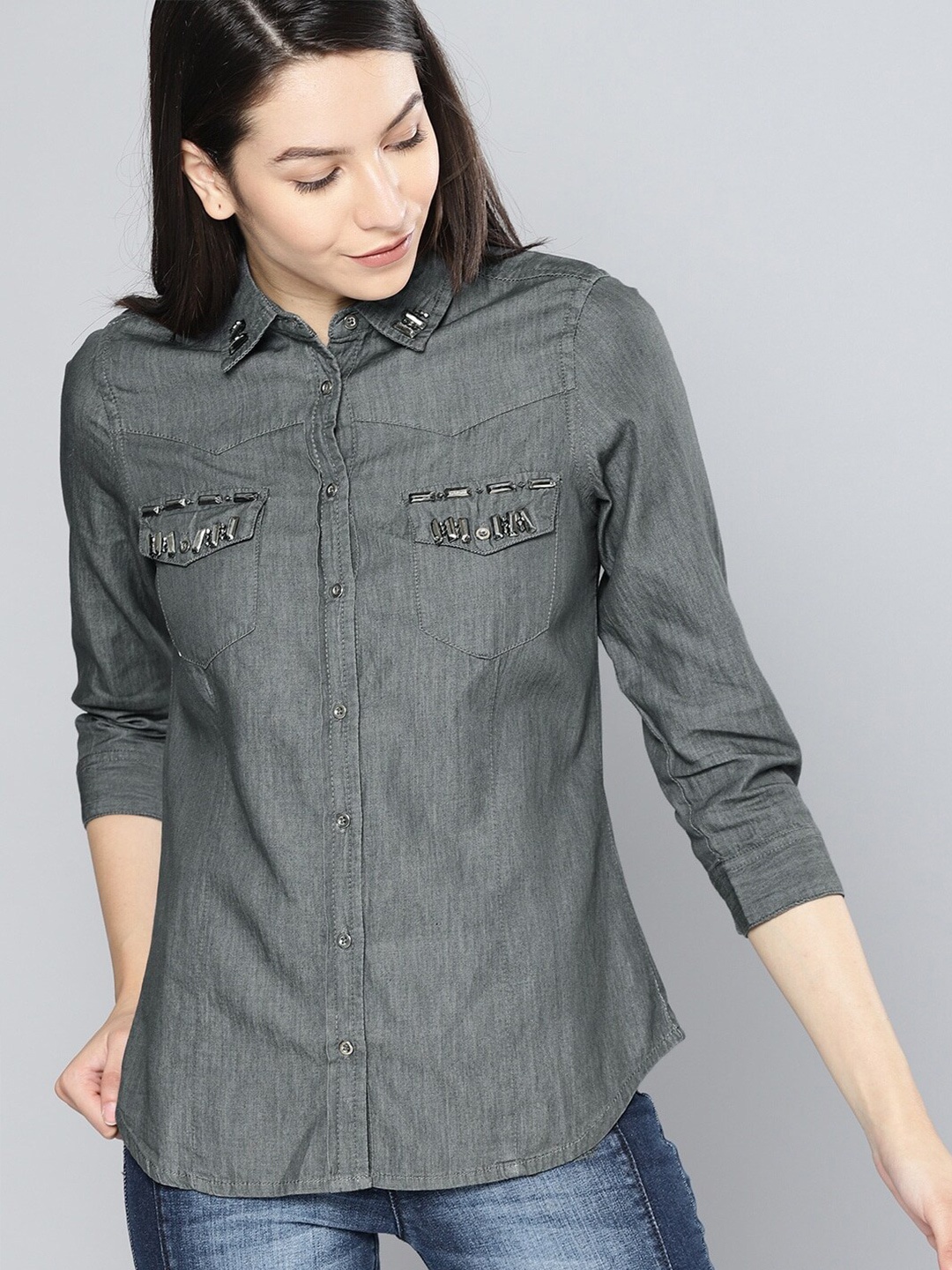 

Mast & Harbour Women Grey Pure Cotton Casual Shirt