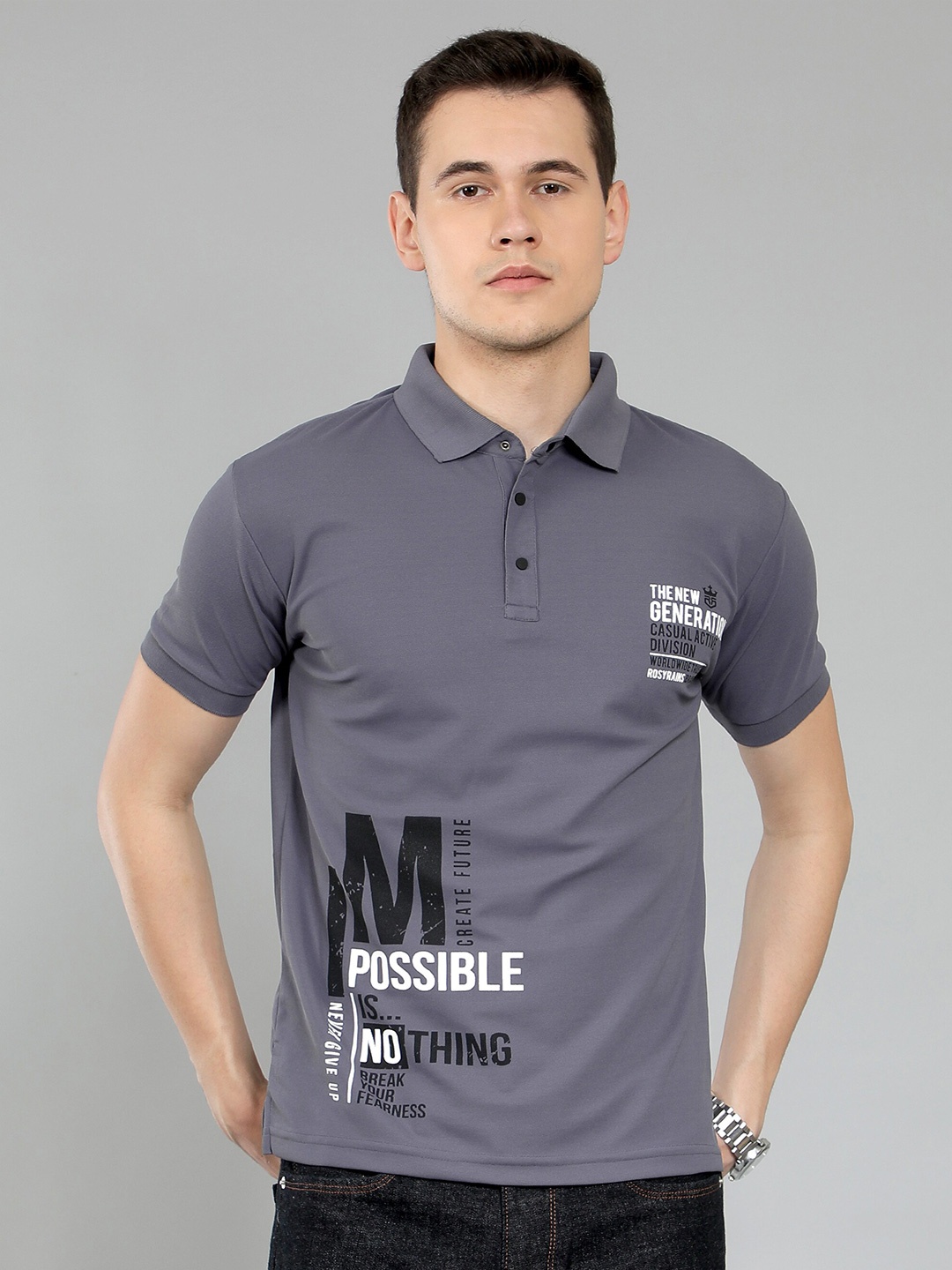 

WE PERFECT Men Printed Polo Cotton Regular Fit T-Shirt, Grey