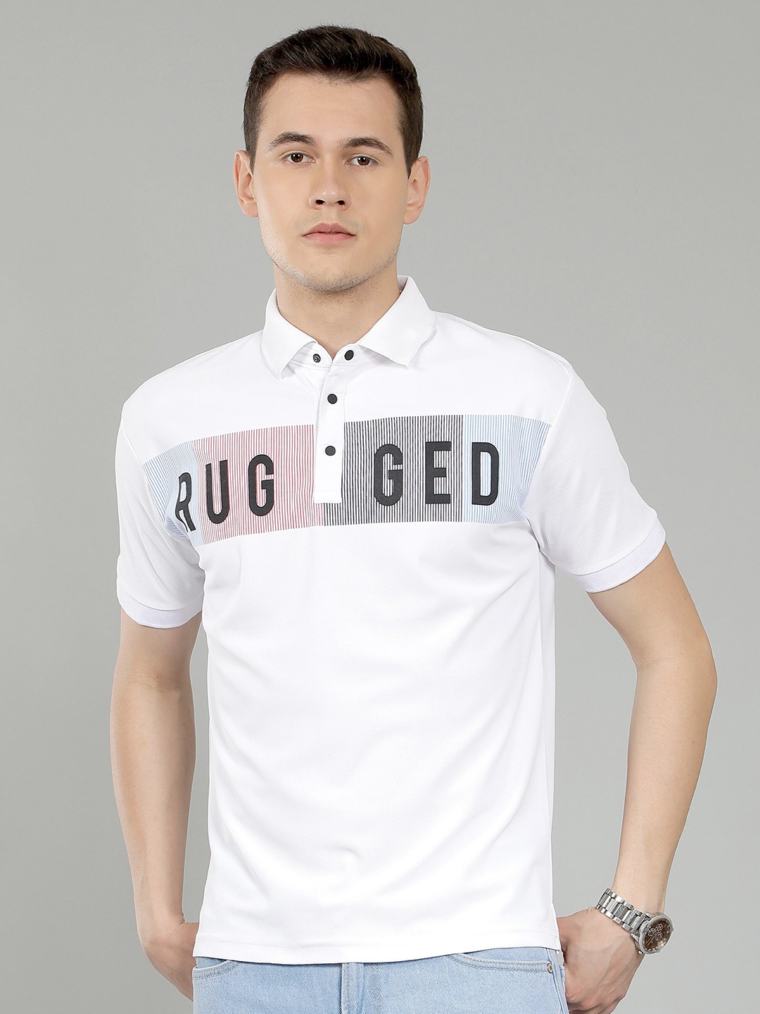 

WE PERFECT Typography Printed Polo Collar Cotton Dri-Fit T-Shirt, White