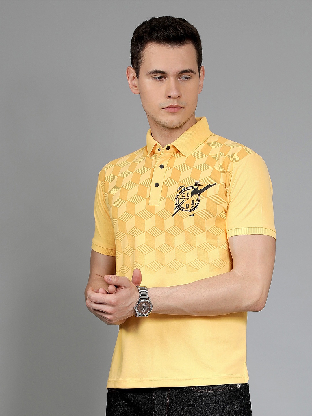 

WE PERFECT Men Printed Polo Cotton Regular Fit T-Shirt, Yellow