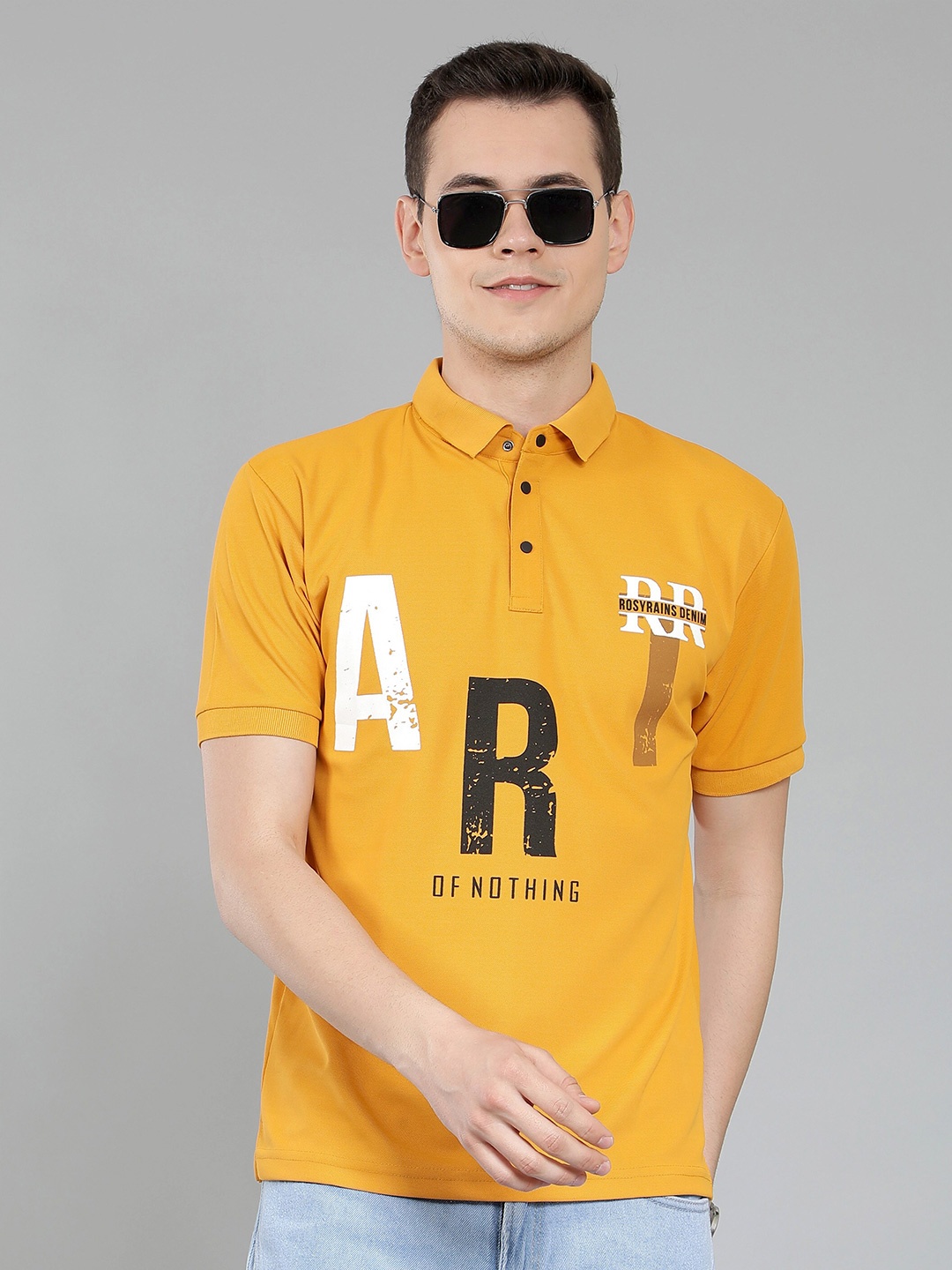 

WE PERFECT Men Printed Polo Cotton Regular Fit T-Shirt, Mustard