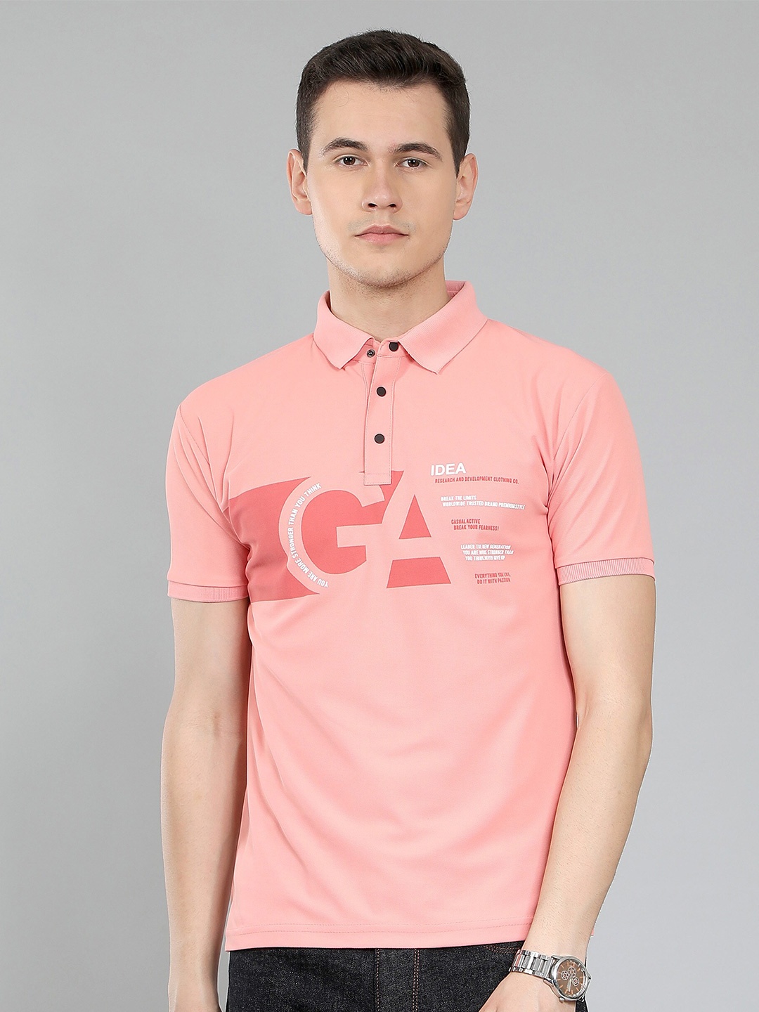 

WE PERFECT Men Printed Polo Cotton Regular Fit T-Shirt, Peach