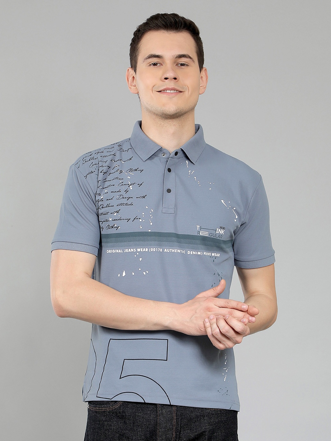 

WE PERFECT Men Printed Polo Cotton Regular Fit T-Shirt, Grey