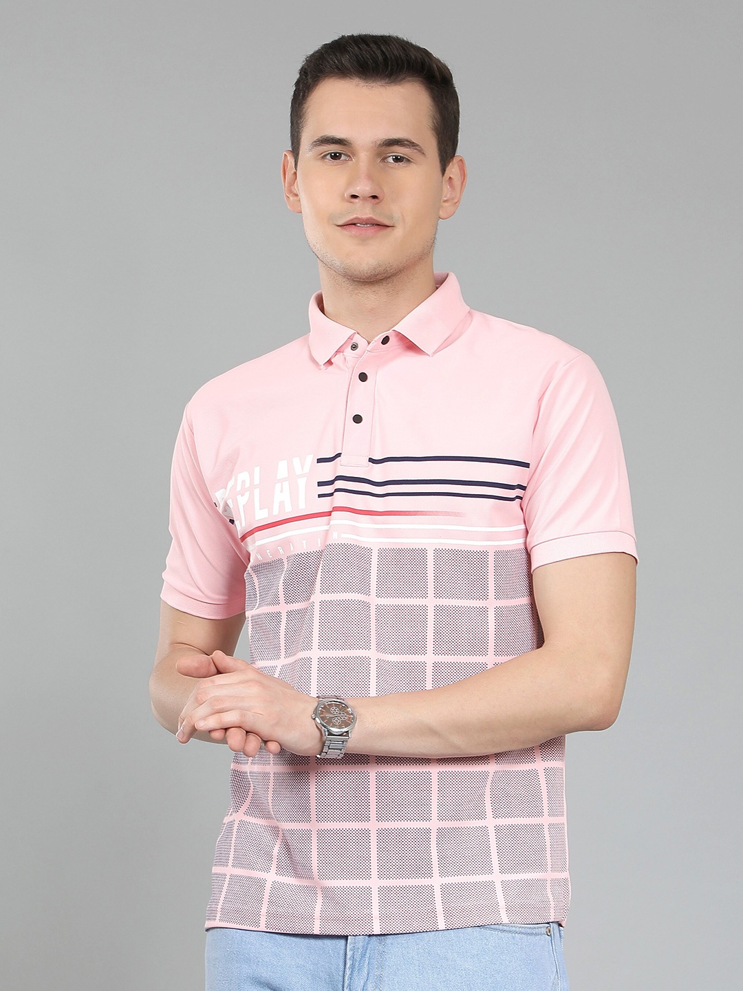 

WE PERFECT Men Printed Polo Cotton Regular Fit T-Shirt, Pink