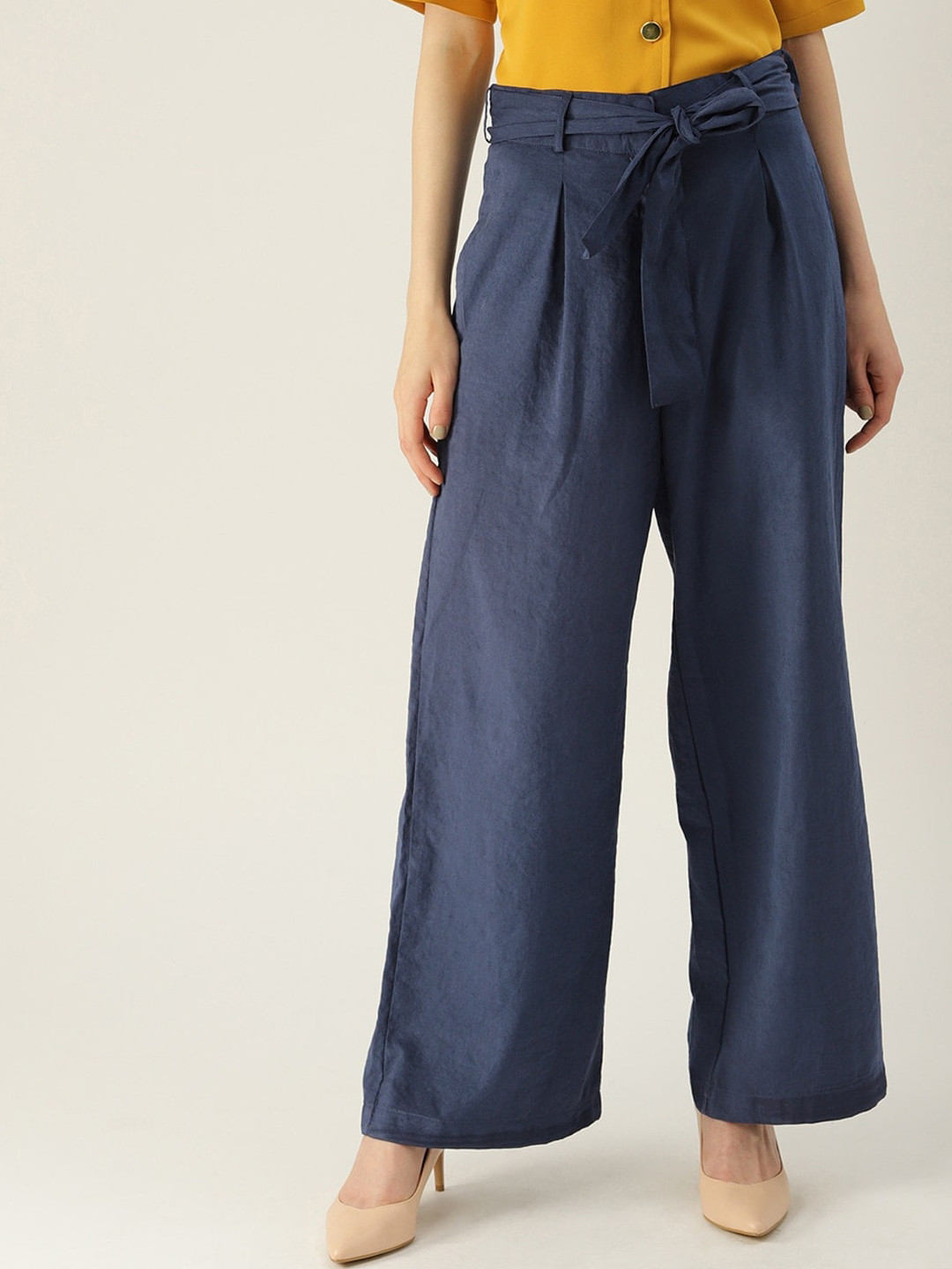 

Mast & Harbour Women Navy Blue Flared Pleated Parallel Trousers