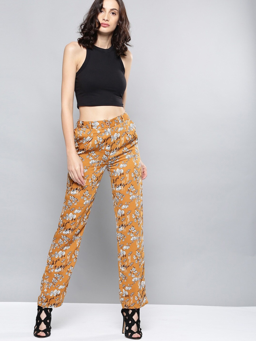 

Mast & Harbour Women Mustard Yellow Floral Relaxed Loose Fit Low-Rise Pleated Trousers