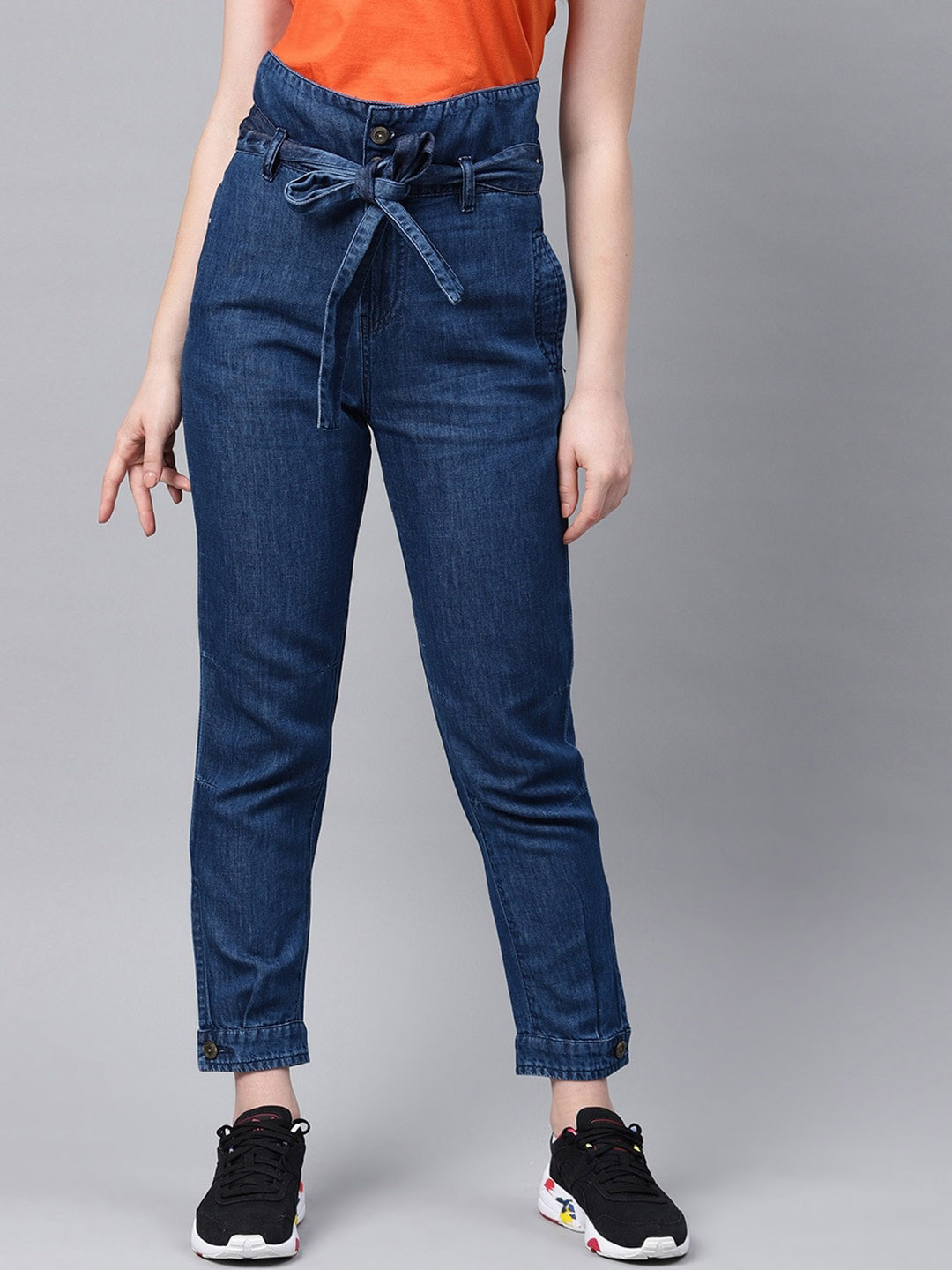 

Mast & Harbour Women Navy Blue Denim Peg Trousers