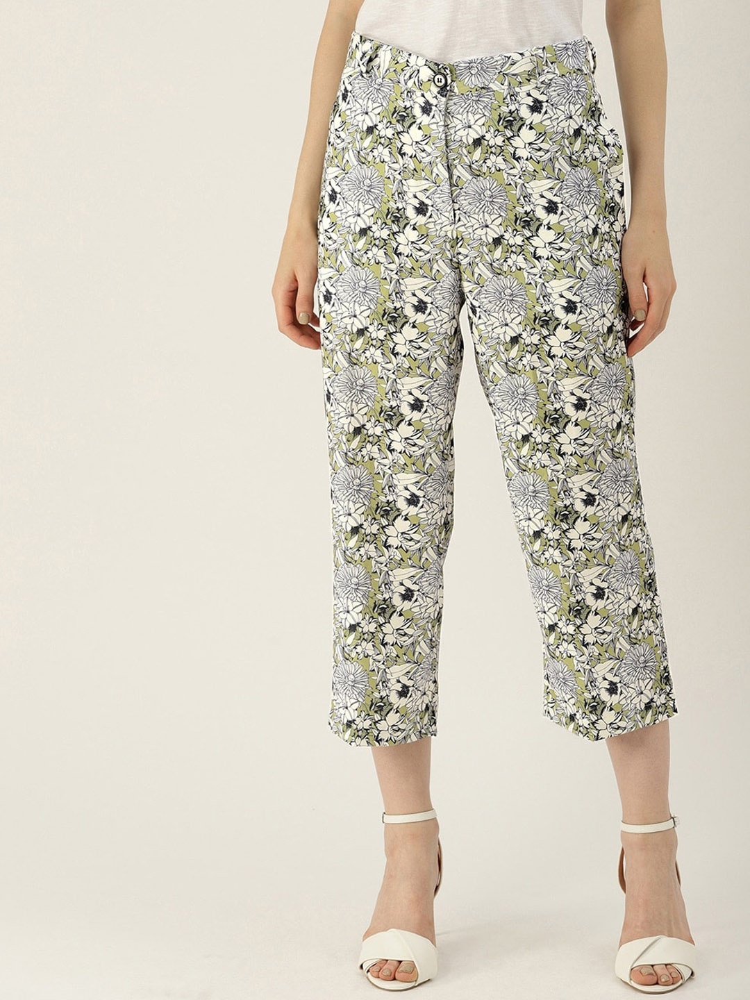 

Mast & Harbour Women Olive Green Floral Printed Straight Fit Low-Rise Reguar Trousers