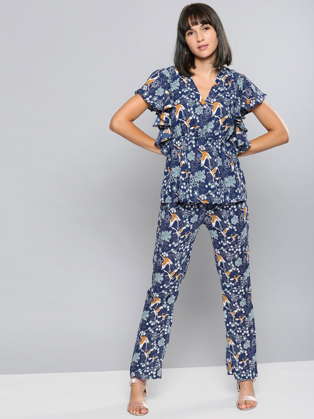 

Mast & Harbour Women Printed Regular Fit Trousers, Blue